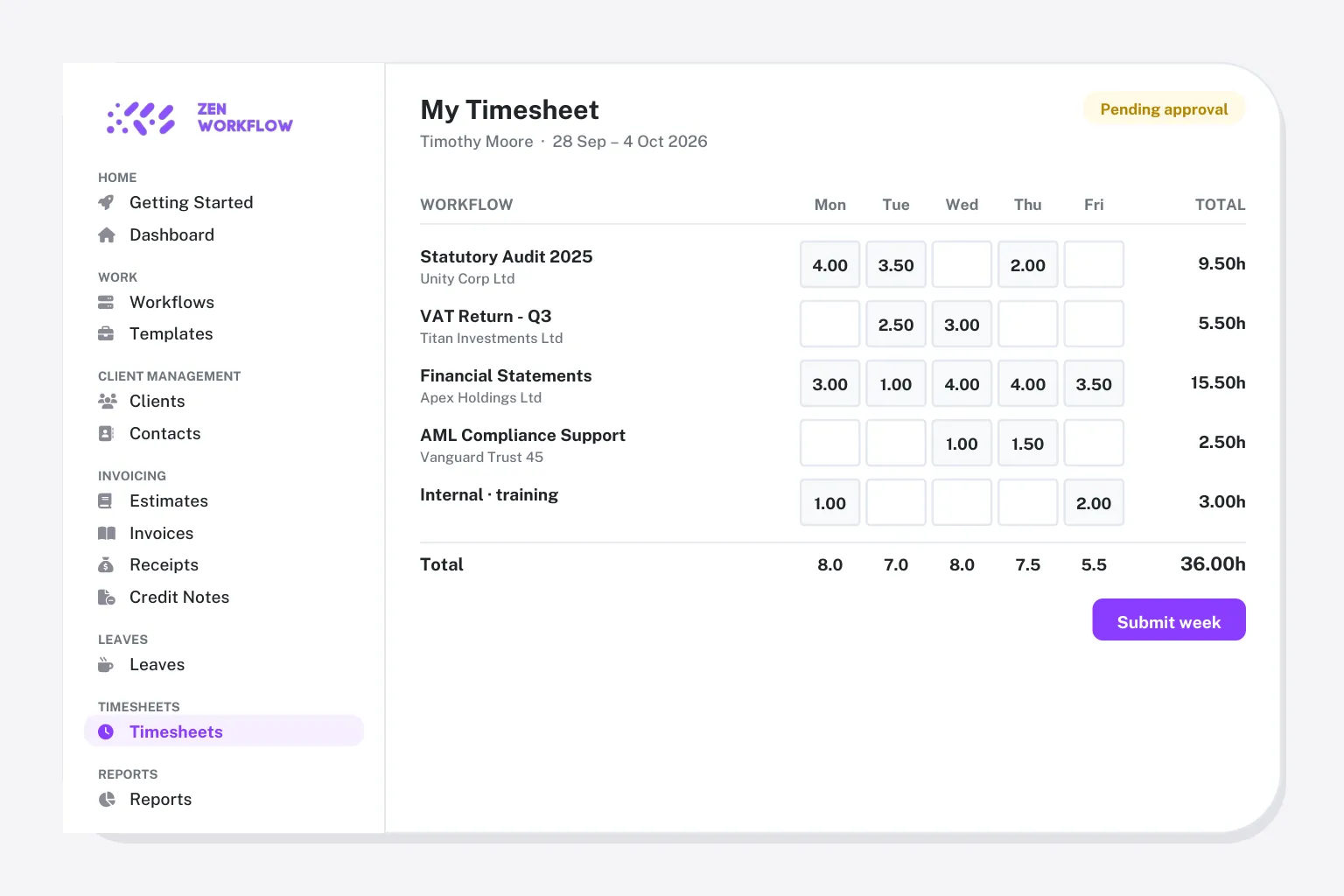 Comparison hero: weekly timesheet in the app (illustration)