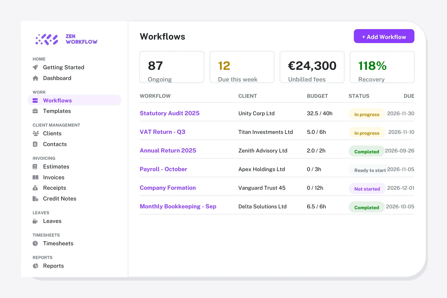 Comparison hero: workflow list with budgets and statuses in the app (illustration)