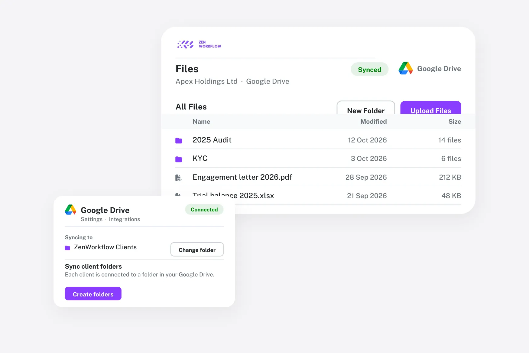 Google Drive integration: client Files tab and sync settings (illustration)