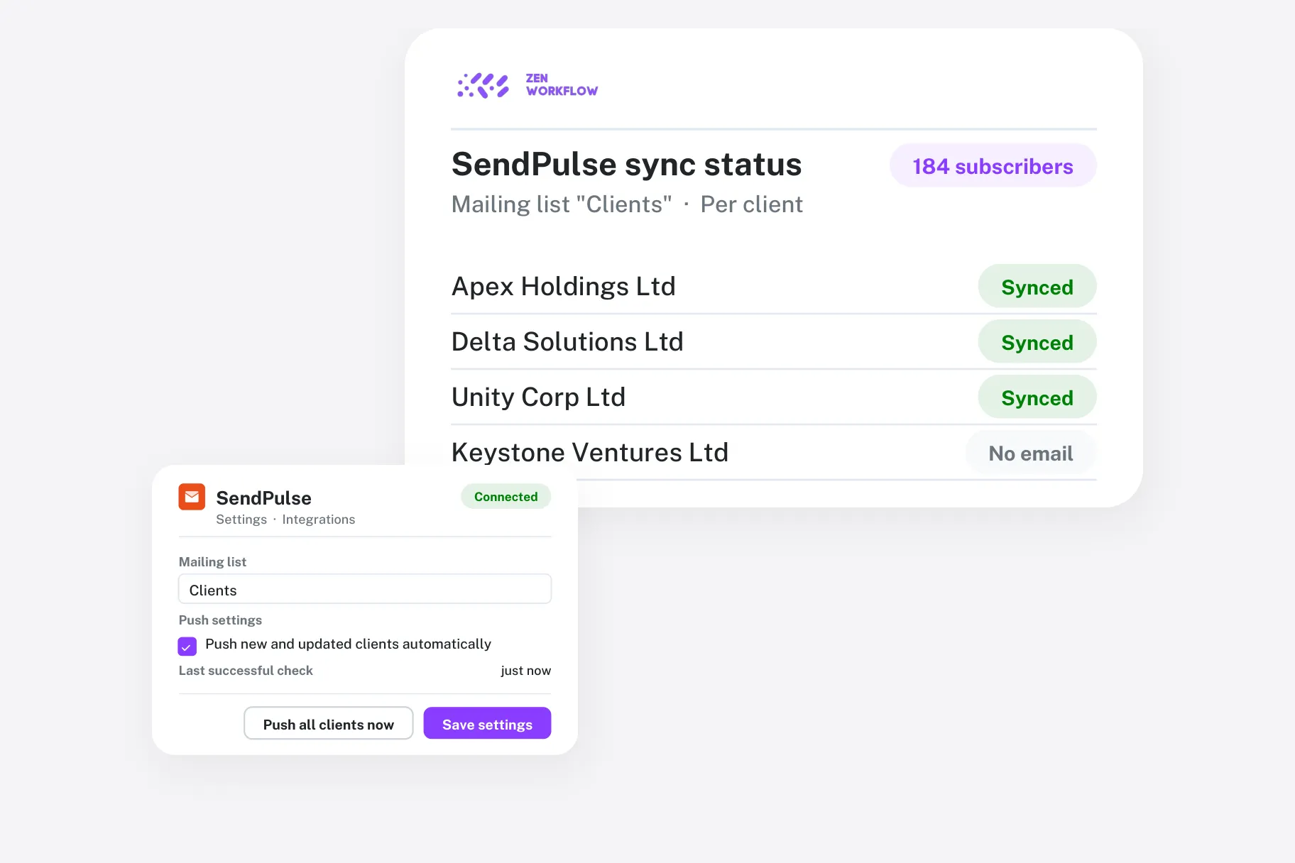 SendPulse integration: mailing list kept in sync (illustration)