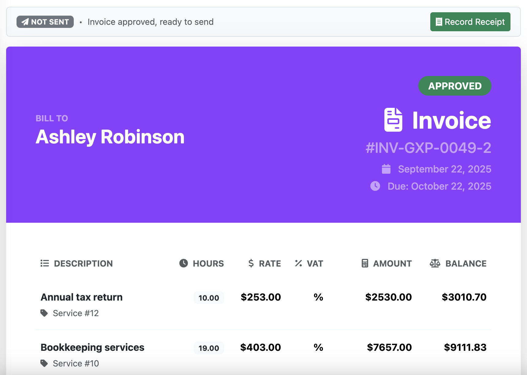 Approved invoice for bookkeeping services