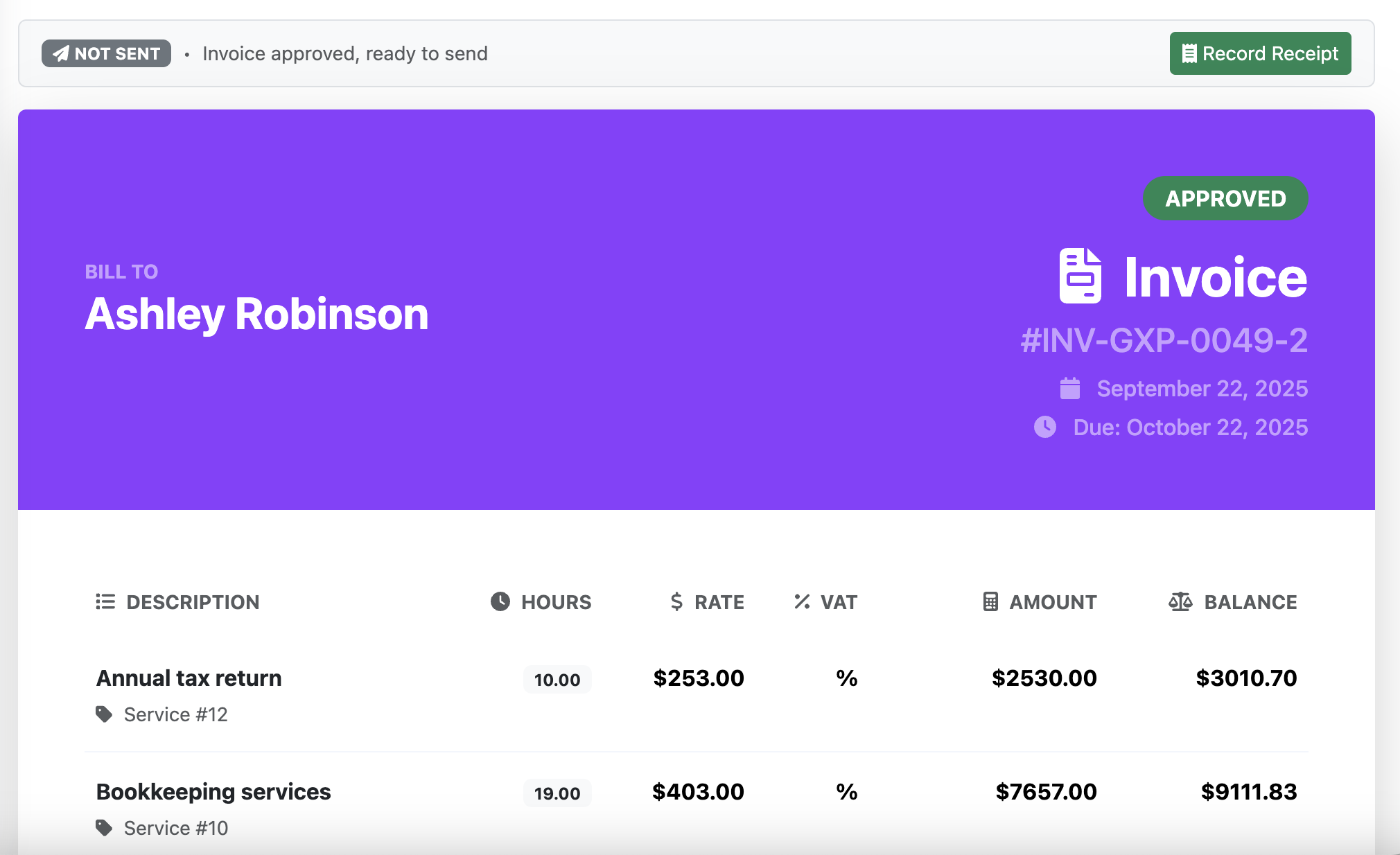 Approved invoice for tax return and bookkeeping