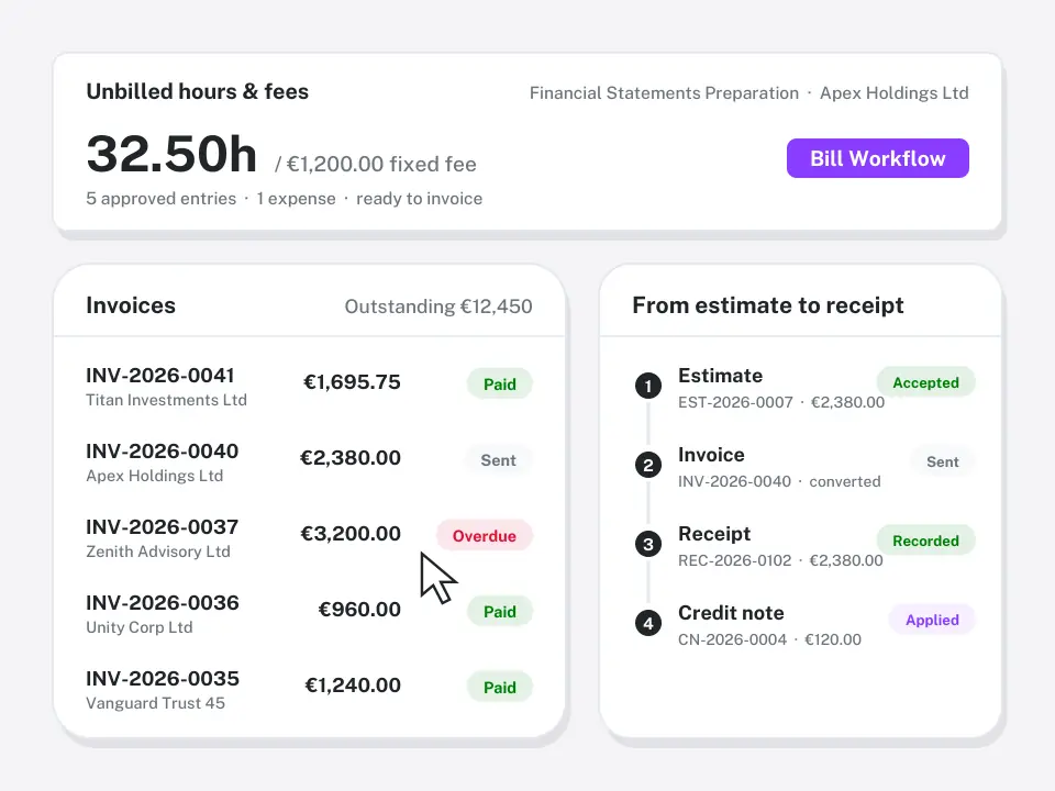 Unbilled fees, invoices, estimate to receipt (illustration)