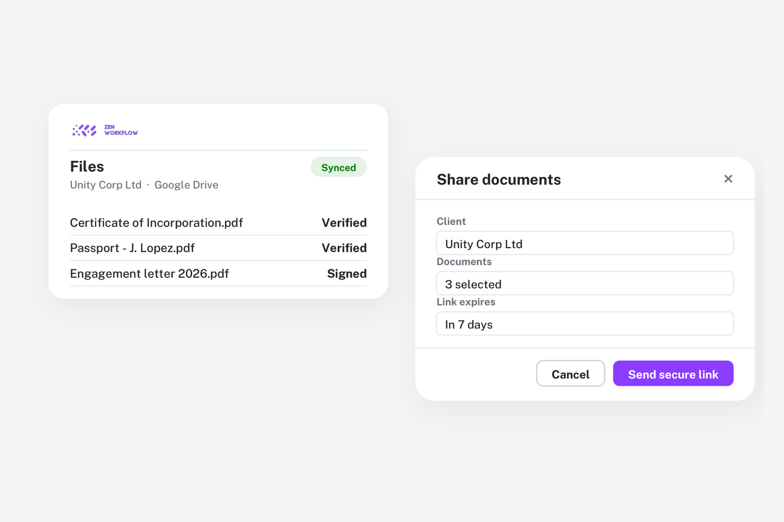 Blog cover: client files synced with Google Drive and a secure share link (illustration)