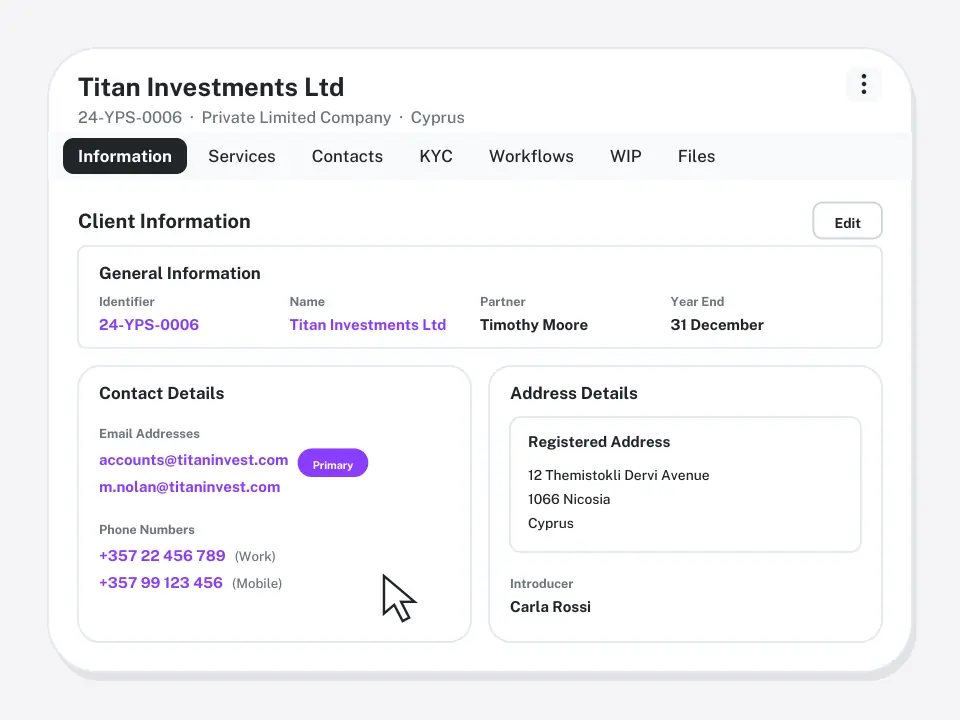 Client profile with services and workflows