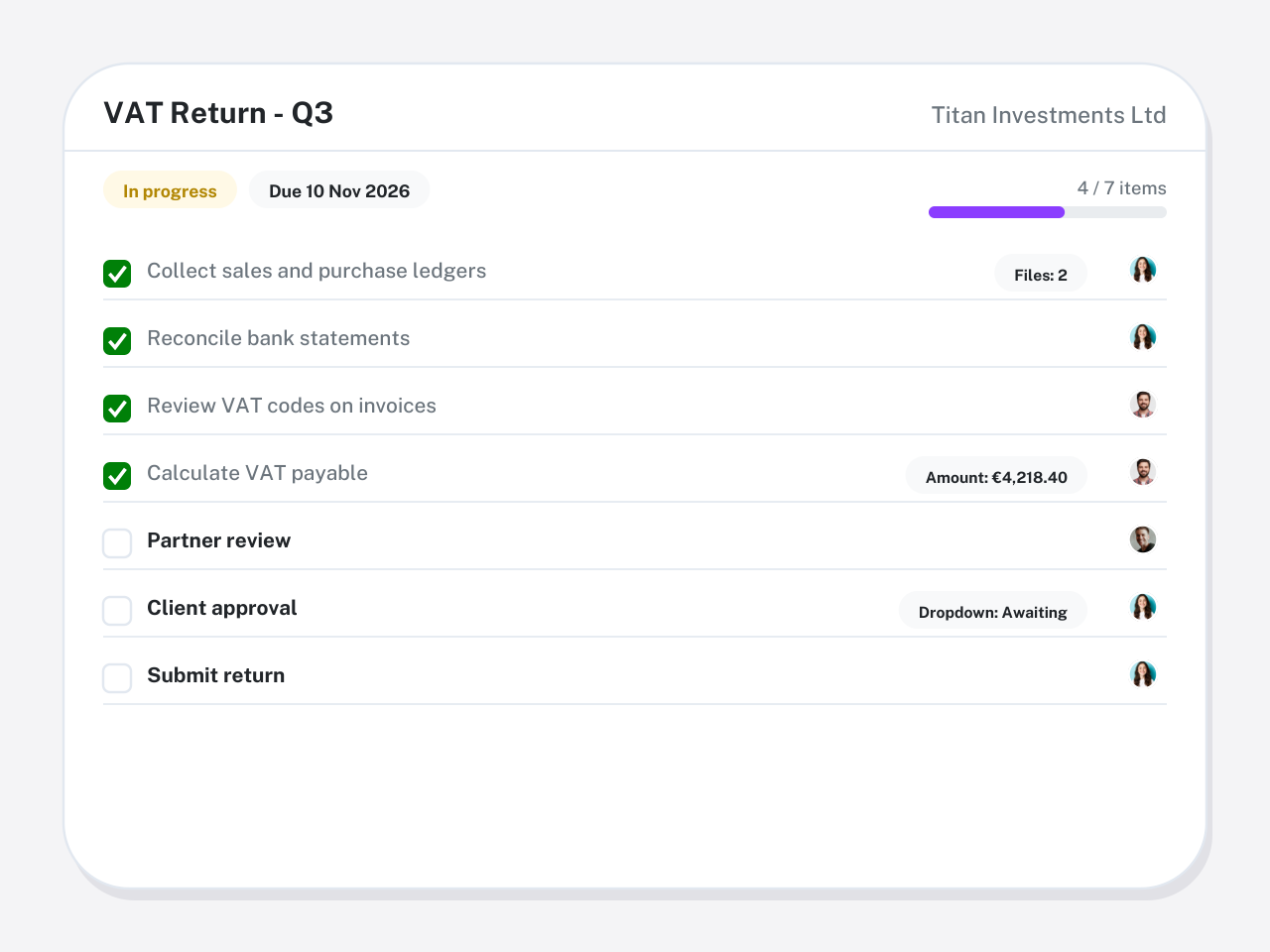 Comparison scene: VAT return workflow checklist with owners and progress (illustration)