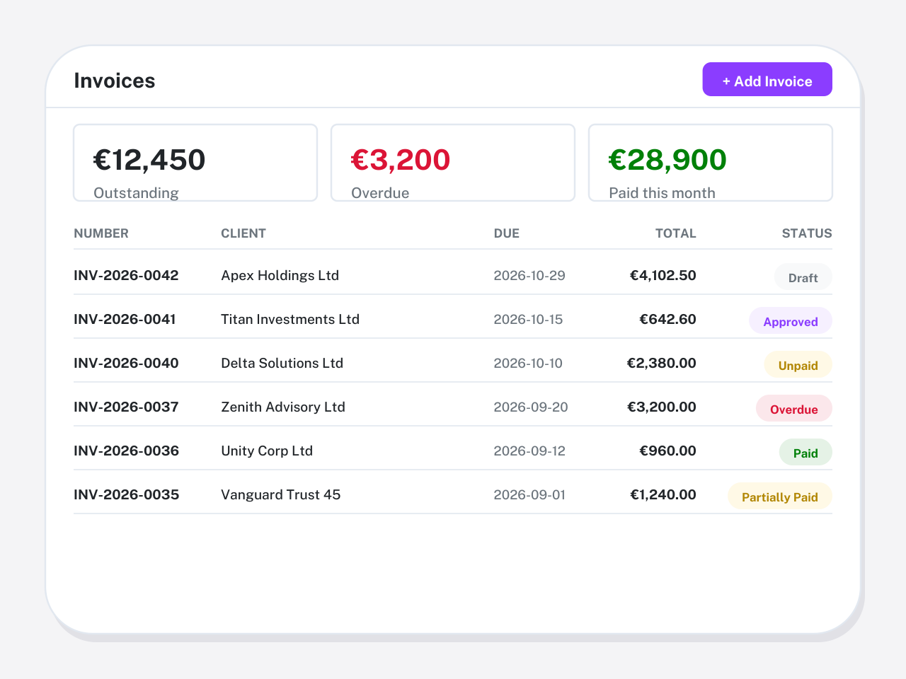 Comparison scene: invoice list with draft, approved, unpaid and paid statuses (illustration)