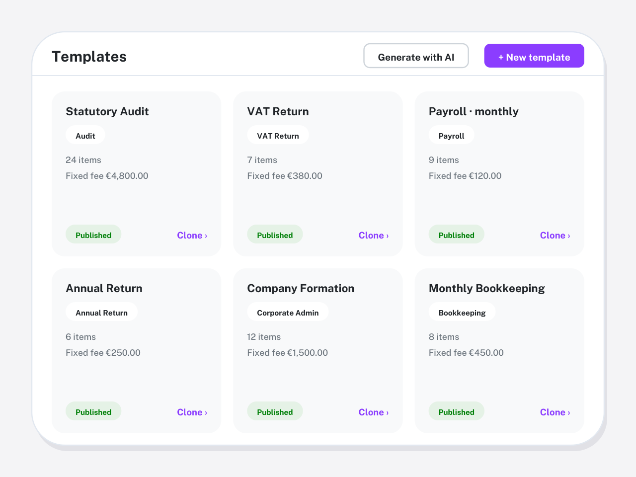 Comparison scene: template library with fees, items and AI generation (illustration)