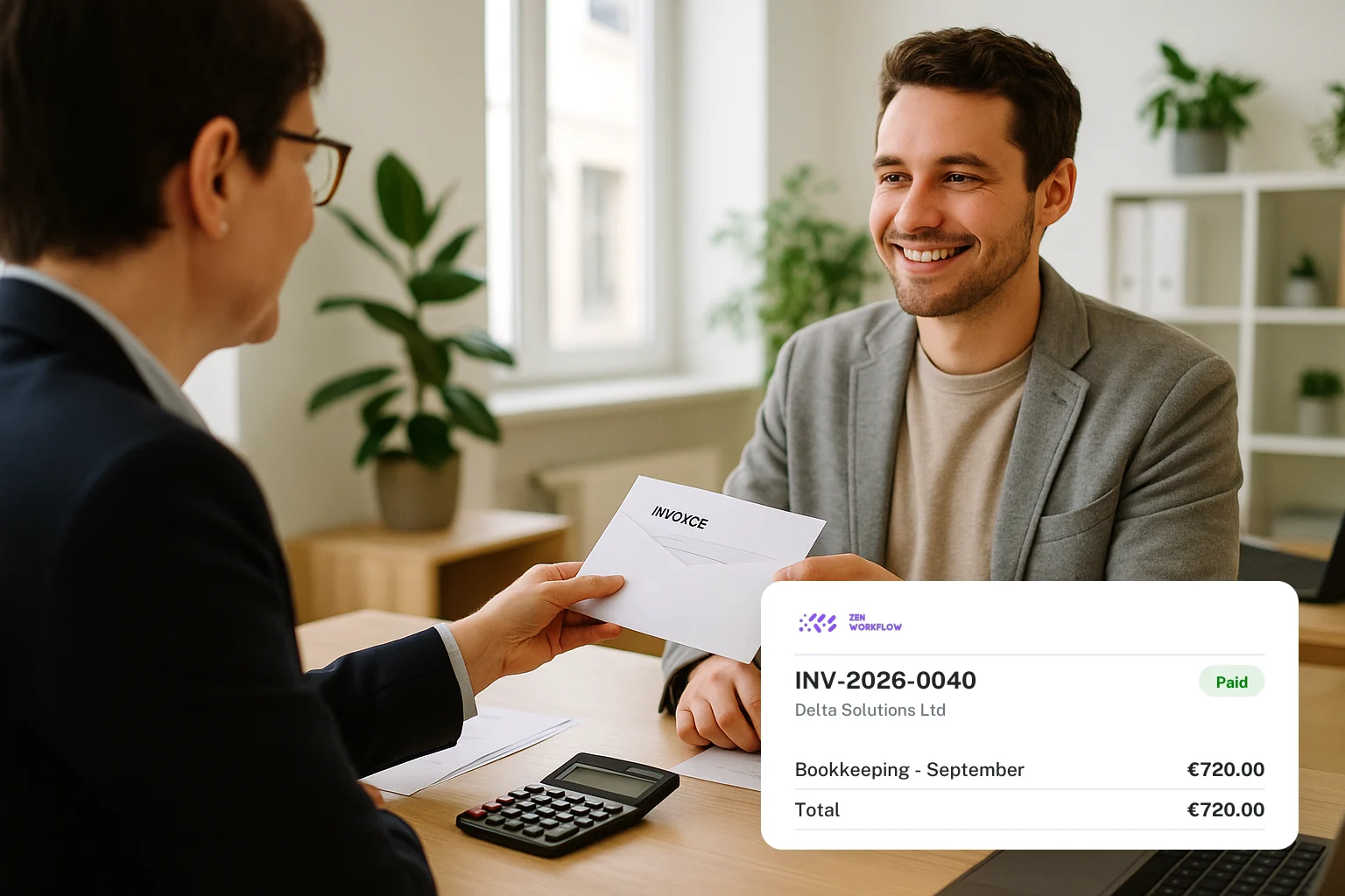 Accountant checking an invoice, with the paid invoice card (photo and illustration)