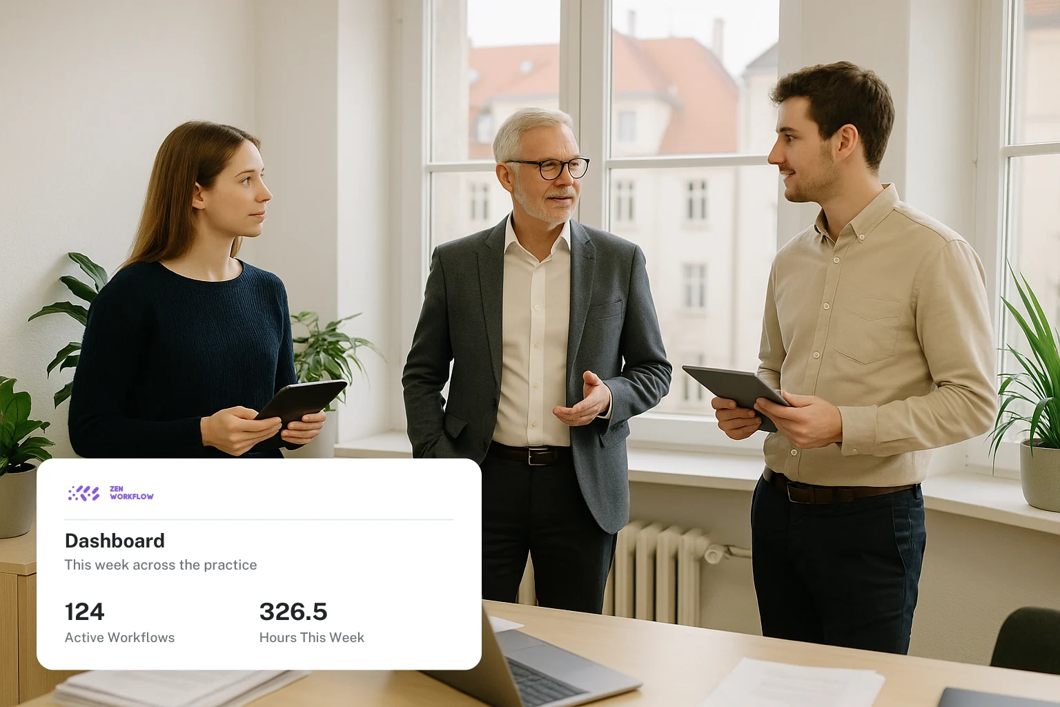 Managing partner overseeing the team, with the practice dashboard card (photo and illustration)