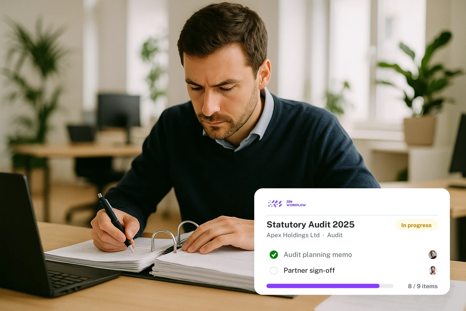 Audit manager and junior reviewing working papers, with the audit workflow card (photo and illustration)