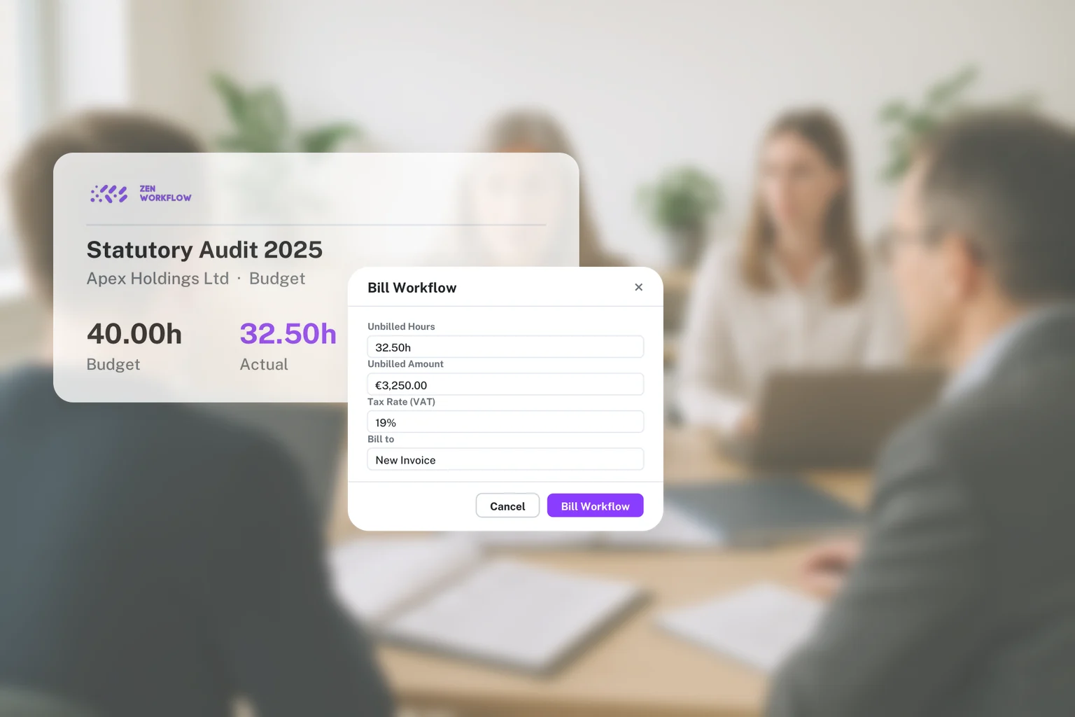 Audit team at work with the Bill Workflow dialog over the audit budget (photo and illustration)