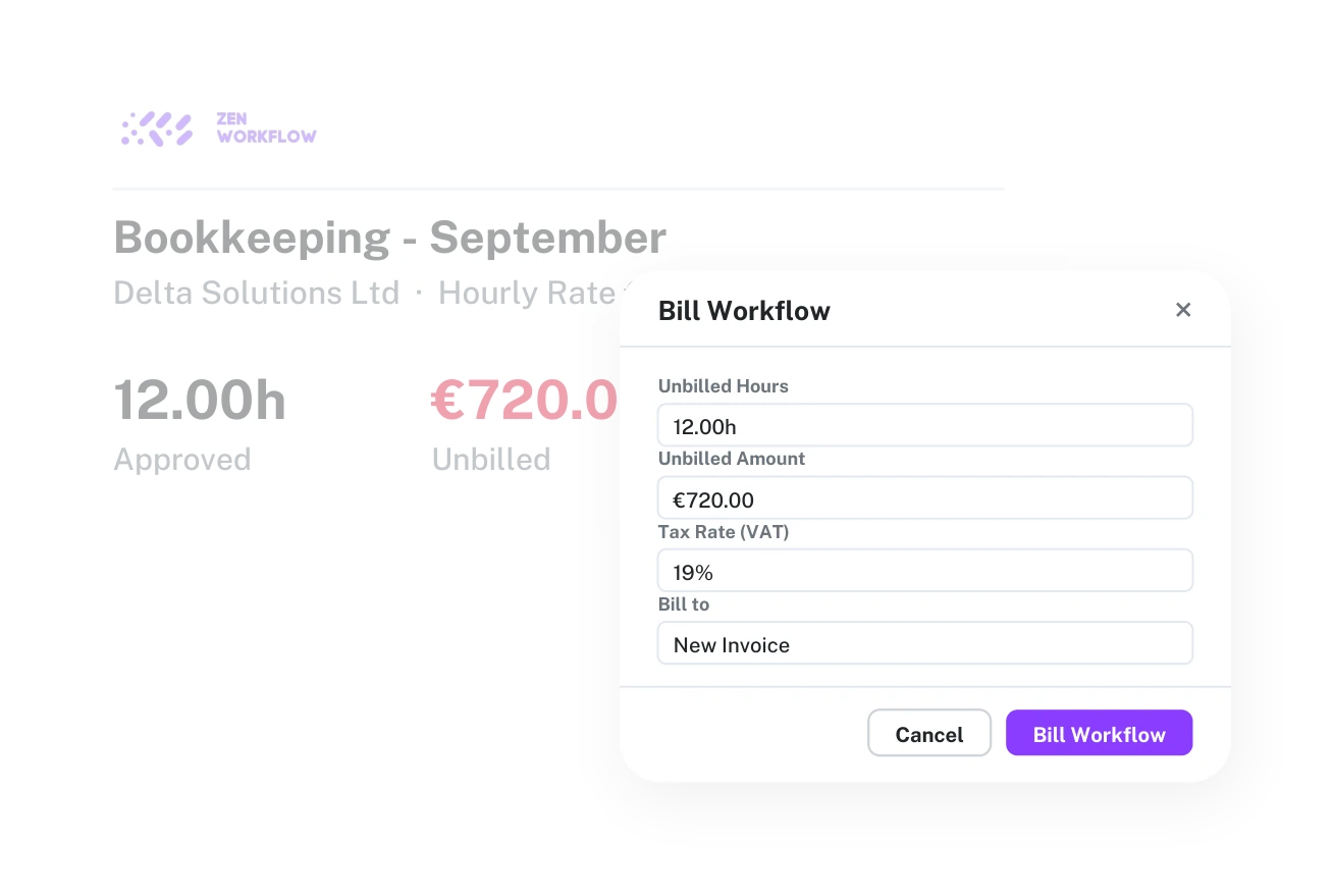 Bill Workflow dialog over bookkeeping hours (illustration)