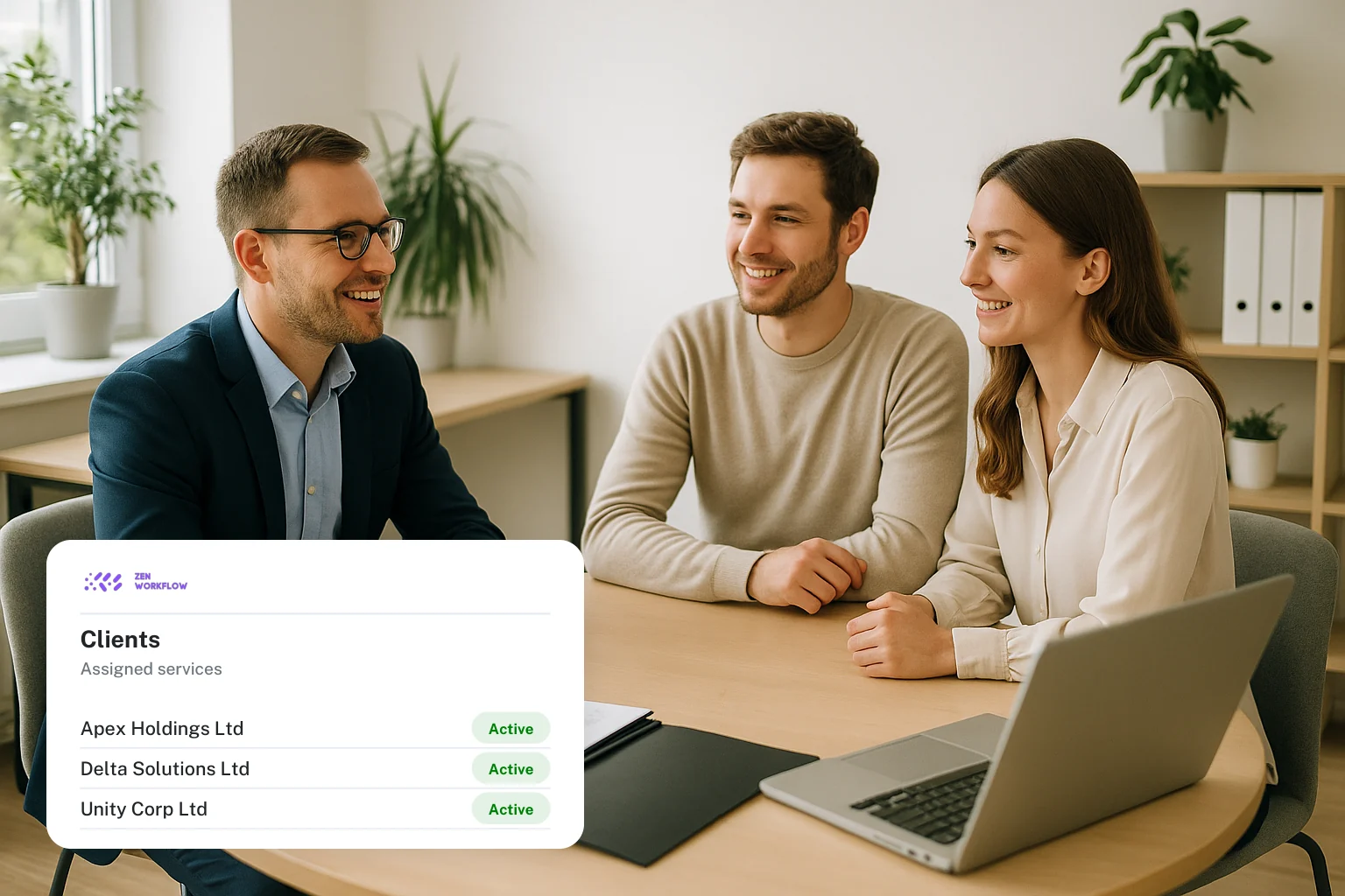 Bookkeeper on a client call, with the client list card (photo and illustration)