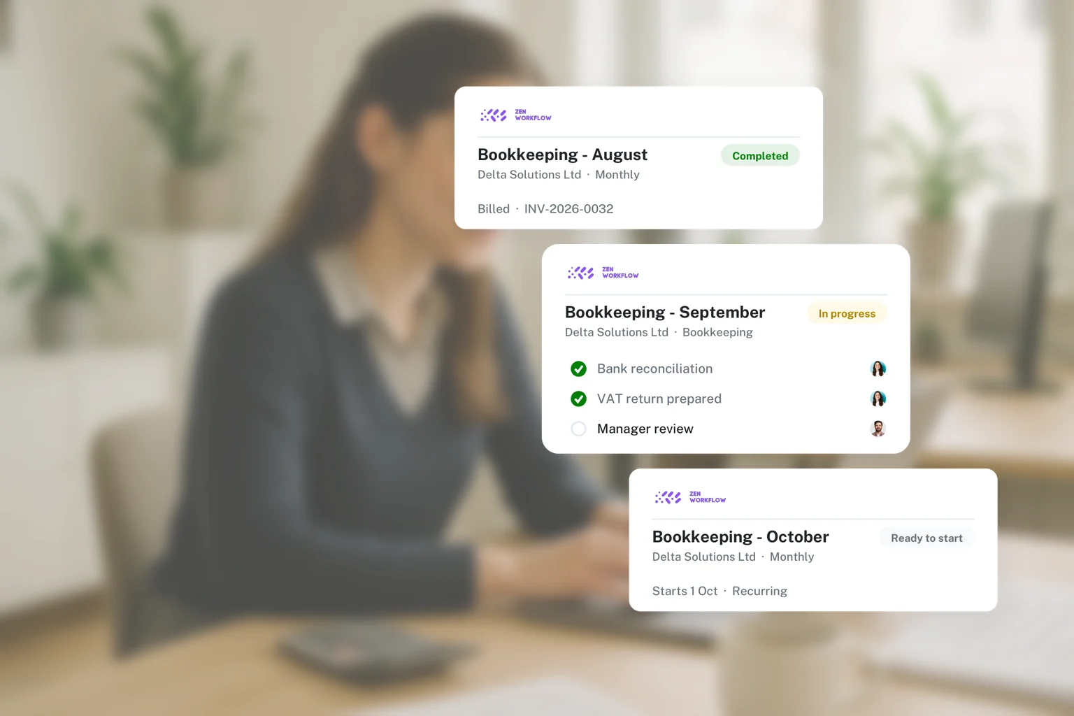Bookkeeper sorting receipts with the monthly bookkeeping workflow cards (photo and illustration)