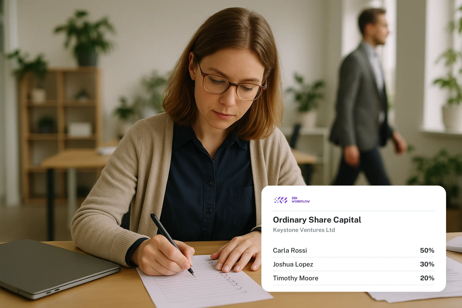 Administrator working through a company register, with the share capital card (photo and illustration)