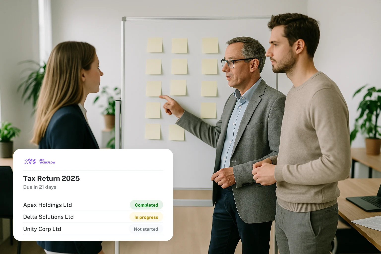 Tax team planning the season at a wall planner, with the return status card (photo and illustration)