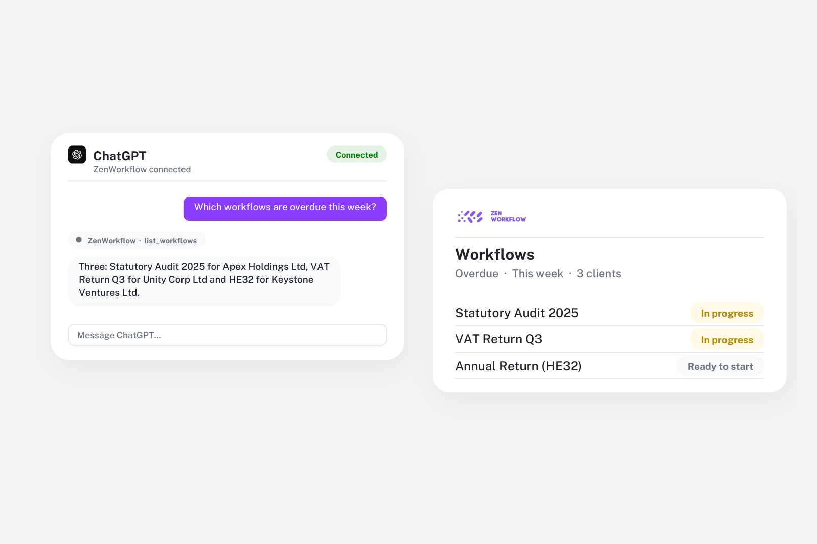 Claude and ChatGPT integration: overdue workflows asked in plain language (illustration)