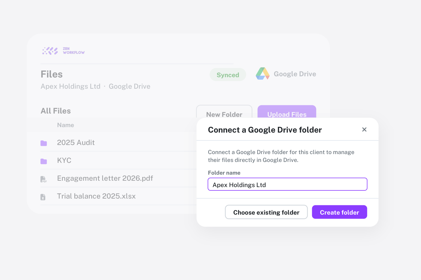 Google Drive integration: connect a folder to a client (illustration)