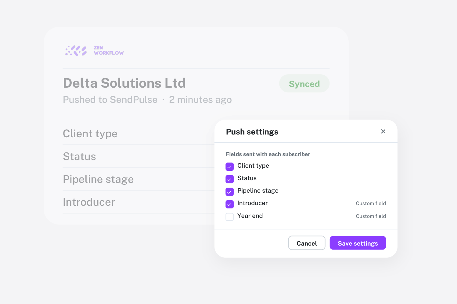 SendPulse integration: fields sent with each subscriber (illustration)