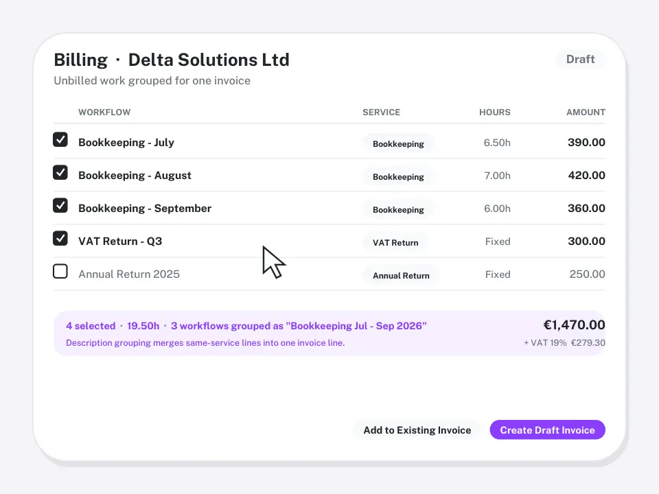 Draft invoice grouping bookkeeping workflows