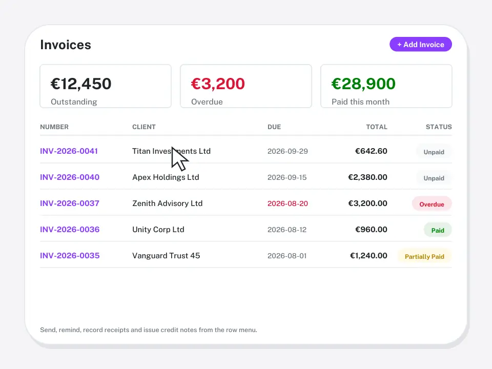 Invoice list with outstanding and paid totals