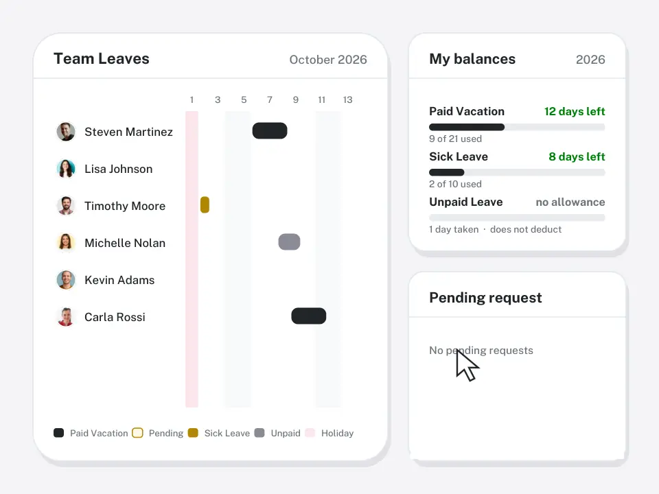 Team leave calendar, balances and approvals (illustration)