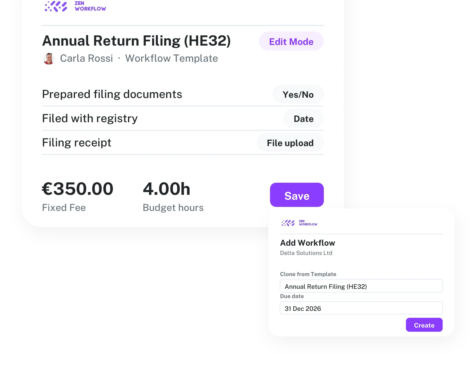 Consultant editing an annual return template, then cloning it for a client (illustration)