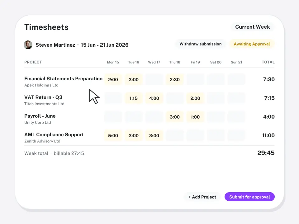 Weekly timesheet grid by workflow
