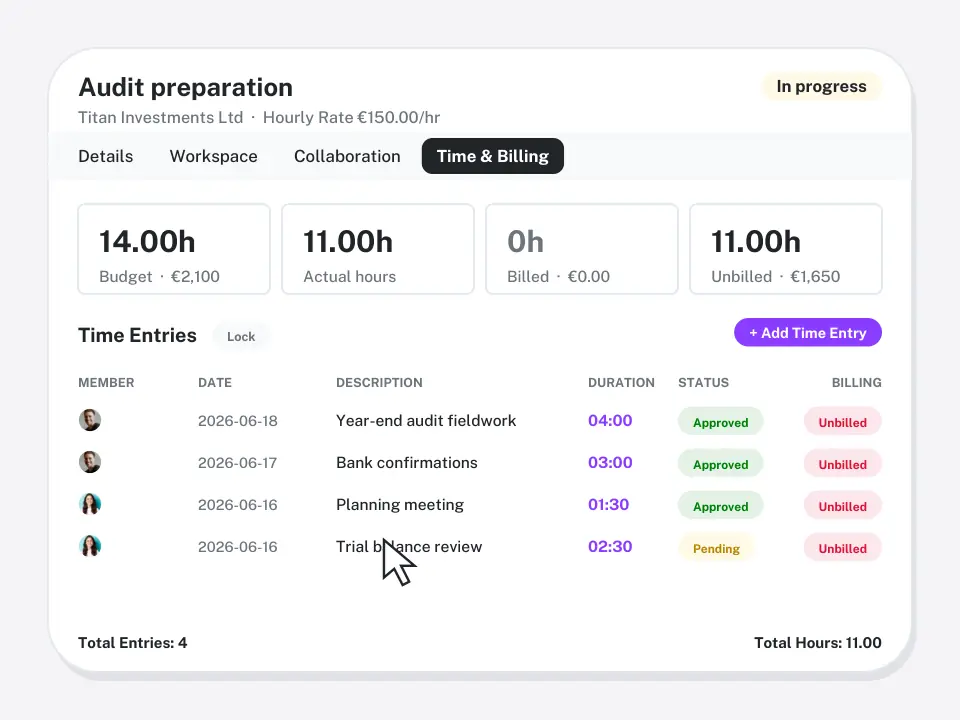 Workflow time entries, expenses and billing